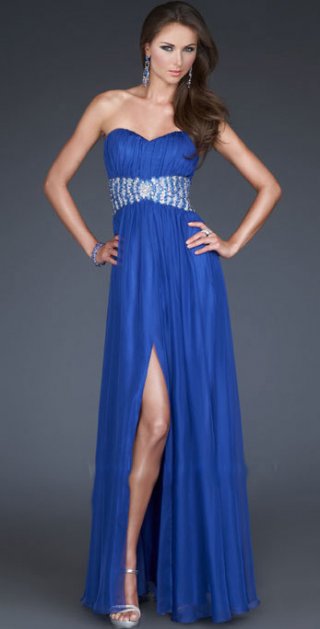 Sweetheart Neckline Strapless Dropped Chiffon Draped With Beadings Waistband Furcation Blue Evening Dress