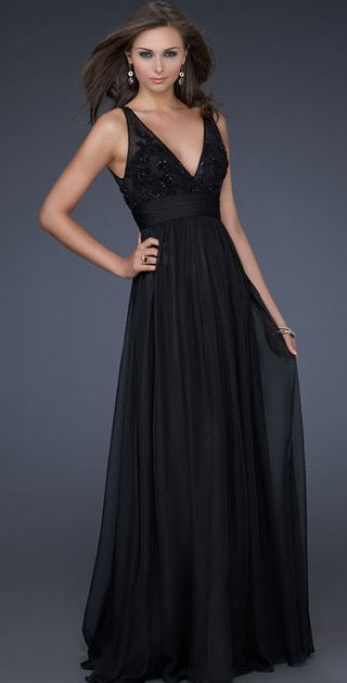 V Neck Double Straps With Appliques Waist Pleated Floor Length Connection In The Back Black Evening Dress