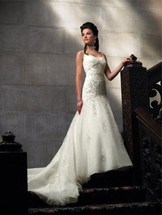 New Style A-line Spagthetti Straps Applique Sweep/ Brush Train Mermaid Wedding Dress