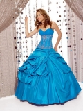 Cheap Sweetheart Strapless New Designed Wholesale Blue Eyelet Embroidery taffeta and satin sweep length ball gown