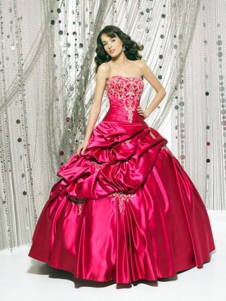 Wholesale ball gown Cheap Fuchsia Strapless emborider puffed satin prom dress