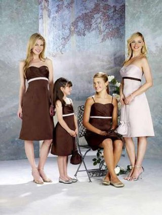 Inexpensive Wholesale Chocolate Strapless Sweetheart Or Spagetti Straps Sash Bridesmaid Dress hot sale