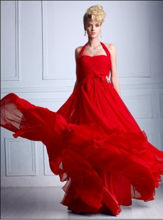 A line Flat Flower Red Chiffon Halter Floor Length Elegant Attractive Evening Dress (MBS-0012)