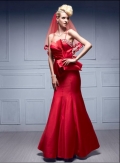 Mermaid Red Satin Floor Length Spaghetti Straps Evening Party Gown(MBS-0013)