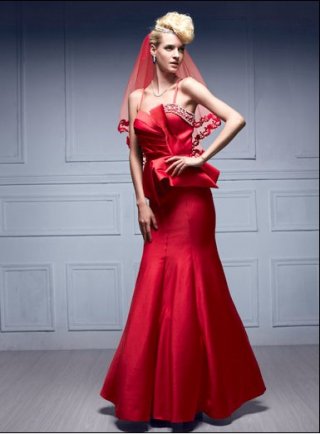 Mermaid Red Satin Floor Length Spaghetti Straps Evening Party Gown(MBS-0013)