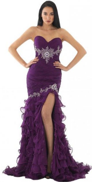 Refined Strapless Purple Sweetheart Draped And Ruched Sweep Train Evening Dress With Appliques