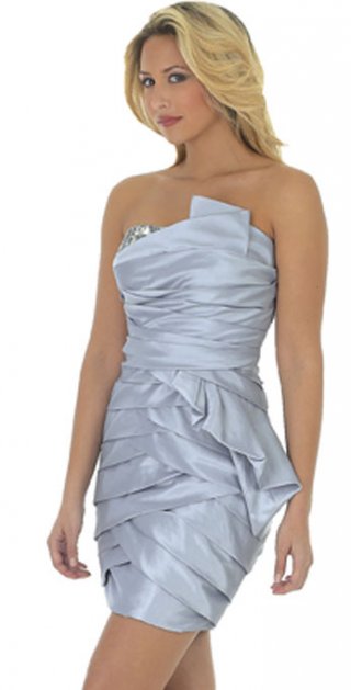 Exclusive Silver Grey Short Elastic Satin Scalloped-edge Neckline Evening Dress