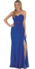 Sweetheart Neckline Floor Length With A Furcation Chiffon Strapless Side Draped With Beadings Blue Evening Dress