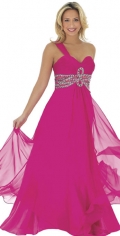 A Line Fushia One Shoulder And Ruched Sweetheart Waist Beads Evening Dress