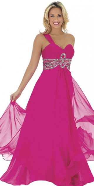 A Line Fushia One Shoulder And Ruched Sweetheart Waist Beads Evening Dress