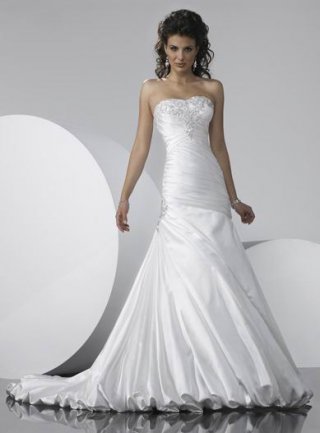 Cheap white strapless Wrinked Train appliques bust taffeta Mermaid Wedding Dress New Style