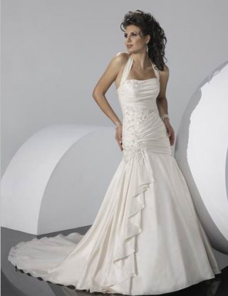 Affordable Cheap Halter appliques decoration at waist Ruffed taffeta Mermaid Wedding Dress with Sash