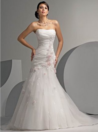 Charming Flat Wrinked With white and pink Flower Cheap Mermaid Wedding Dress Hot Sale in Spring/Summer