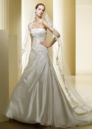 Discount Strapless Embroider Pleated Long Length taffeta Mermaid Wedding Gown