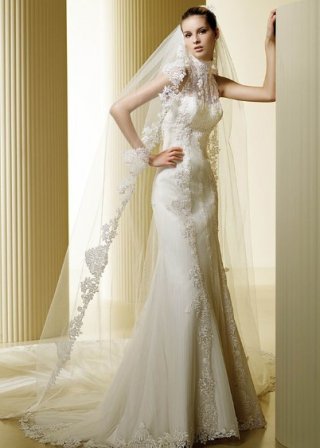 Designer Cheap Embroider Cheap high-neck lace Mermaid Wedding Gown