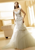 Elegant Cheap Off The Shoulder V-neck Embroider taffeta bodice and tulle skirt Mermaid Wedding Gown