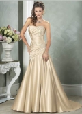 Unusual Strapless appliques bodice champagne satin Mermaid Wedding Gown