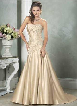 Unusual Strapless appliques bodice champagne satin Mermaid Wedding Gown