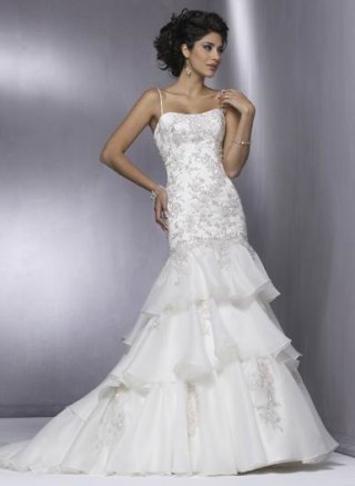 White Spaghetti Straps organza Multi-layer Embroider bodice Mermaid Wedding Gown