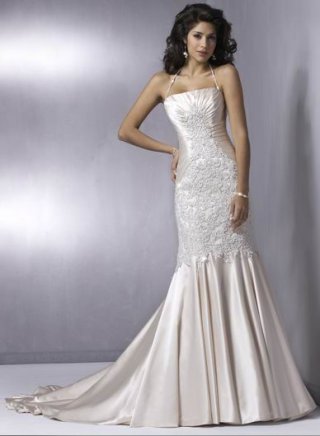 Cheap popular Spaghetti Halter Embroider nodice satin Mermaid Wedding Gown