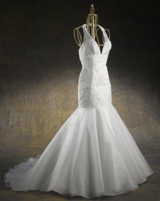 Unusual Cheap Halter Long Length Embroider bodice and organza skirt trumpet & Mermaid Wedding Gown