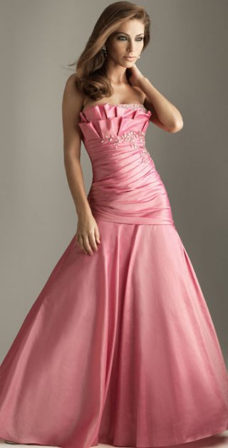 Pink Strapless Empire Waist Taffeta Maxi Pleated Side Ruched Floor Sweep Prom Dress