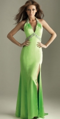 A Beading Abd Pleated Halter With A V Neckline Trumpet Evening Dress With A Furcation