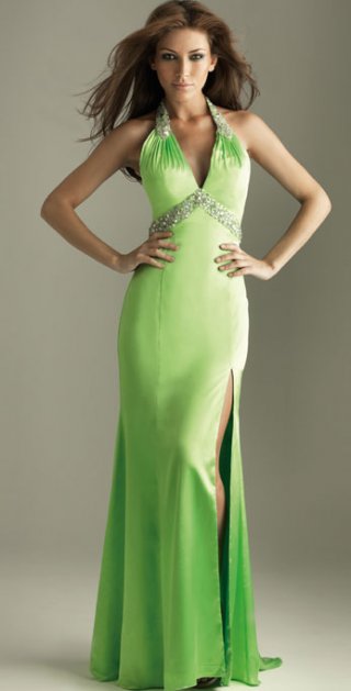 A Beading Abd Pleated Halter With A V Neckline Trumpet Evening Dress With A Furcation