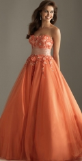 Orange Sweetheart Appliques Thick Waistband Flowers organza Taffeta prom / Evening Dress