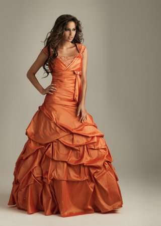 Cheap Orange Pleated V-neck Design Short Sleeves A-line Ball Gown Prom Dress