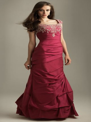 Red Embroider Short Sleeves Pleated Cheap Trumpet/ Mermaid Design Prom Dress