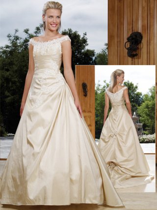 Cheap Wholesale New Designed Champagne Off-The-Shoulder Taffeta Princess chapel train 2012 bridal Wedding Dress