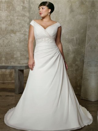 2012 discount Wholesale New Style Off-The-Shoulder V-neck Chiffon sweep length Wedding Dress