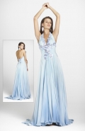 A Dropped Waist And Covered Flowers Halter V Neckline Evening Dress