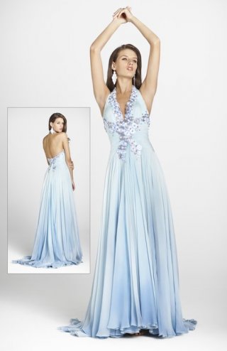 A Dropped Waist And Covered Flowers Halter V Neckline Evening Dress