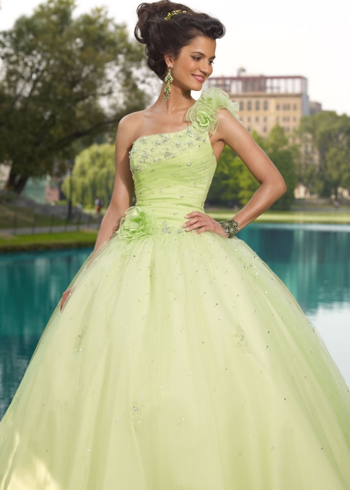 Aqua Beaded Flower one Strap Tulle A-line Design ball gown/ Prom Evening Dressat a low price