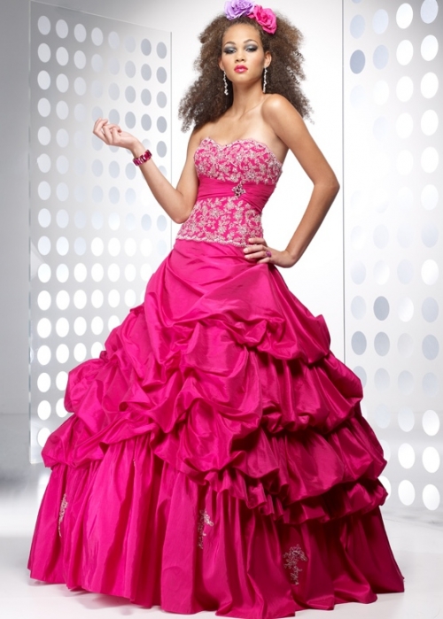 Fushia Emborider Lace-up Back Waistband Broach Sweetheart Prom Evening Dress