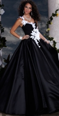 Classic One Flower Shoulder Balck Satin Ruched Sweetheart Princess Ball Gown prom Dress
