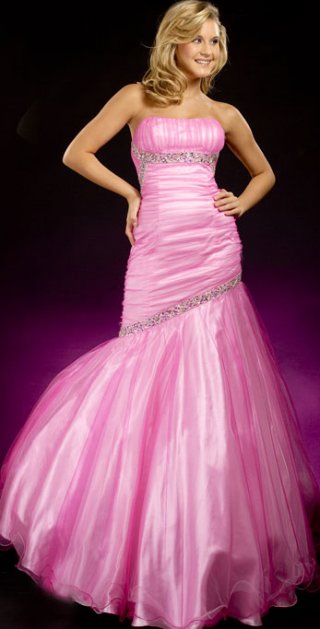 Mermaid Side Ruched With Beading Strapless Empire Organza Taffeta Floor Sweep Prom Dress