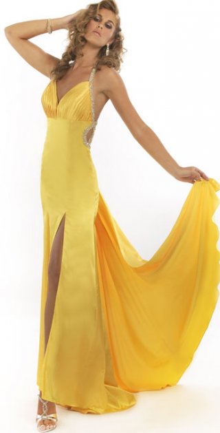 A Ruched V neckline Empire Waist Elastic Satin Evening Dress With Pearls