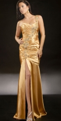A Line Floor Length Gold Ruffles One Strap Crystal Design Sweetheart Evening Dress
