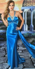Blue Column / Sheath Beading Halter Pleated With A Ribbon Evening Dress