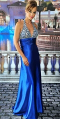 A Halter With Patterns And Beading Evening Dress With Pleated Elastic Satin