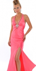 A Line Pink Halter V Neckline With Beading Border And Side Furcation Evening Dress