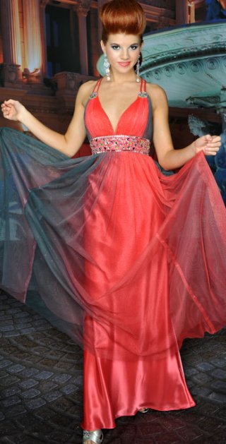 A line Floor Length V-neck strap Watermelon red Beads Elegant Evening Dress