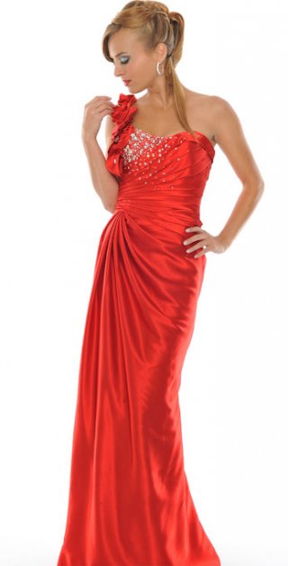 Brilliant Red One Folded Shoulder Fully Side Draped With Beads Evening / Party Dress