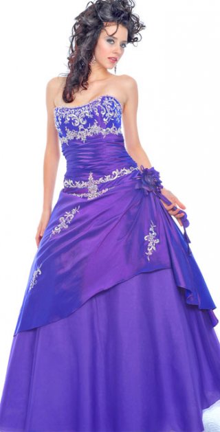 Purple Strapless Top Tube Embroidery Half Folded Tiered Flower Band Cheap Prom Dress