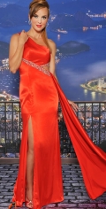 Irregular Cut Red One Side Shoulder Elastic Satin With Furcation Evening Dress