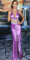 Purple Halter With A V Neckline And Furcation Evening Dress With Appliques