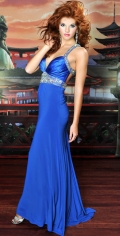 Sexy V Neckline With Beading Straps Floor Length Chiffon Blue Evening Dress